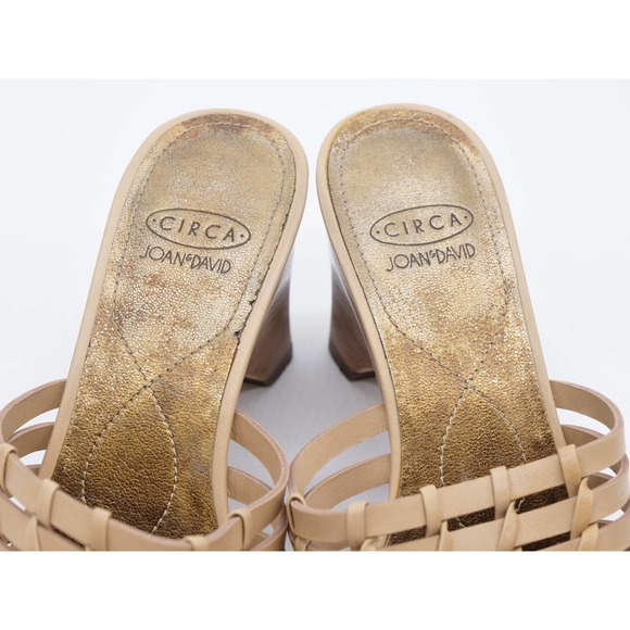 Circa Joan David Sandals Womens 7 Tan Leather Slide Strappy Weaved Open Toe Heel - Picture 8 of 11